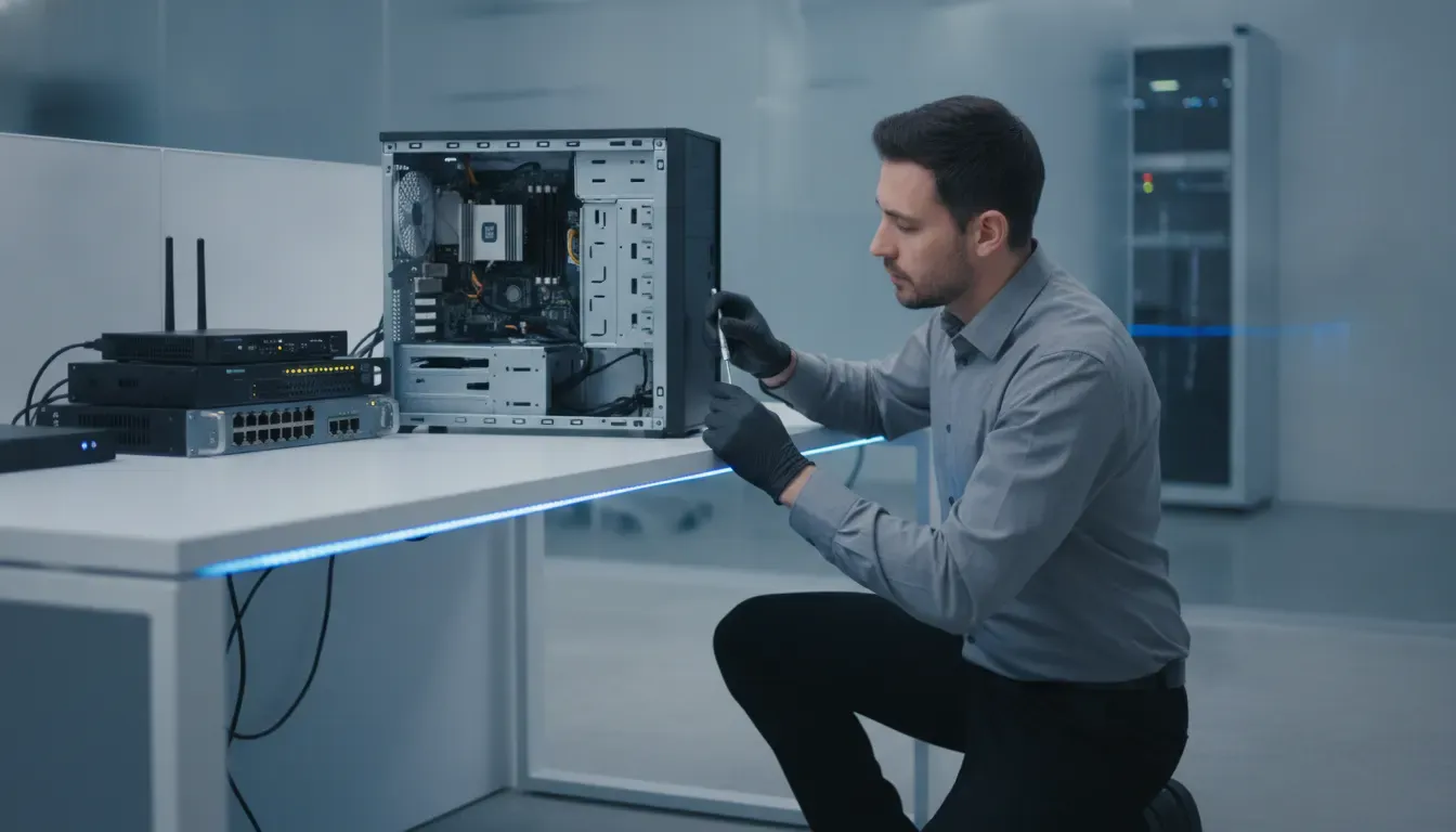 IT engineer inspecting endpoint hardware in a secure business environment