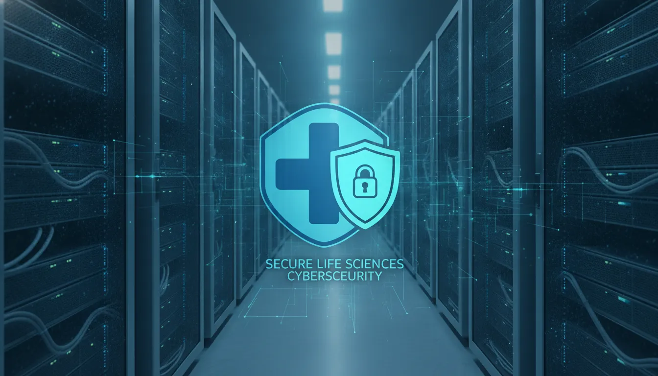 Digital shield protecting a medical cross and data center infrastructure representing life sciences cybersecurity and FDA compliance architecture
