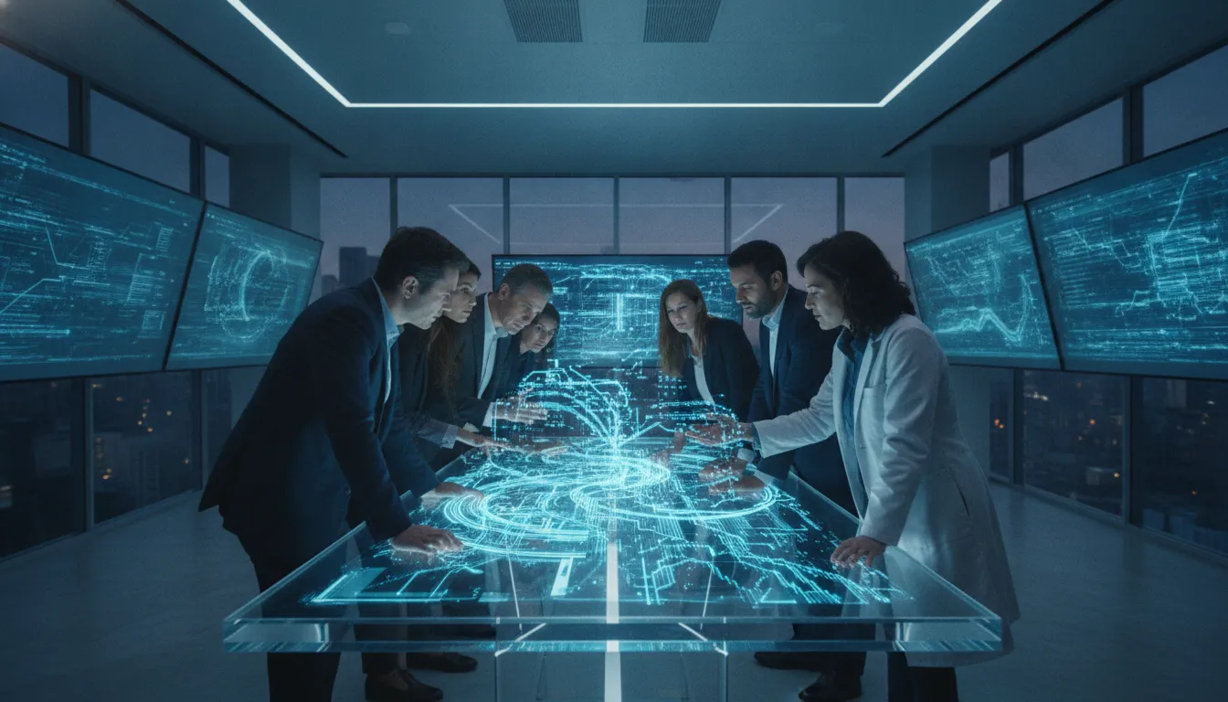 Clinical research technology team reviewing secure cloud infrastructure
