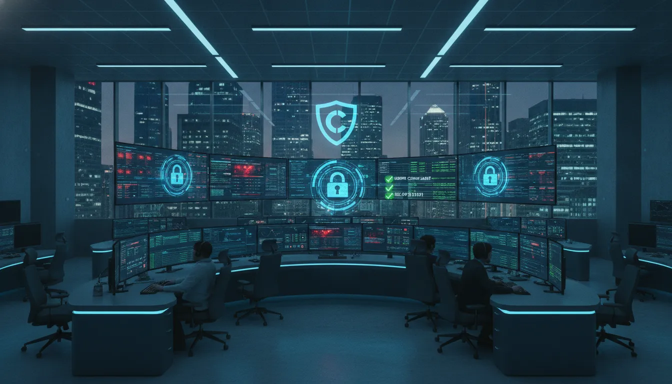 Security Operations Center monitoring financial services cybersecurity threats with compliance dashboards