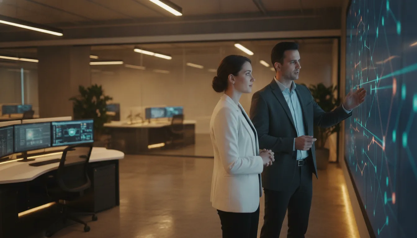 Two cybersecurity engineers collaborating in a modern security operations center with a wall display in the blurred background