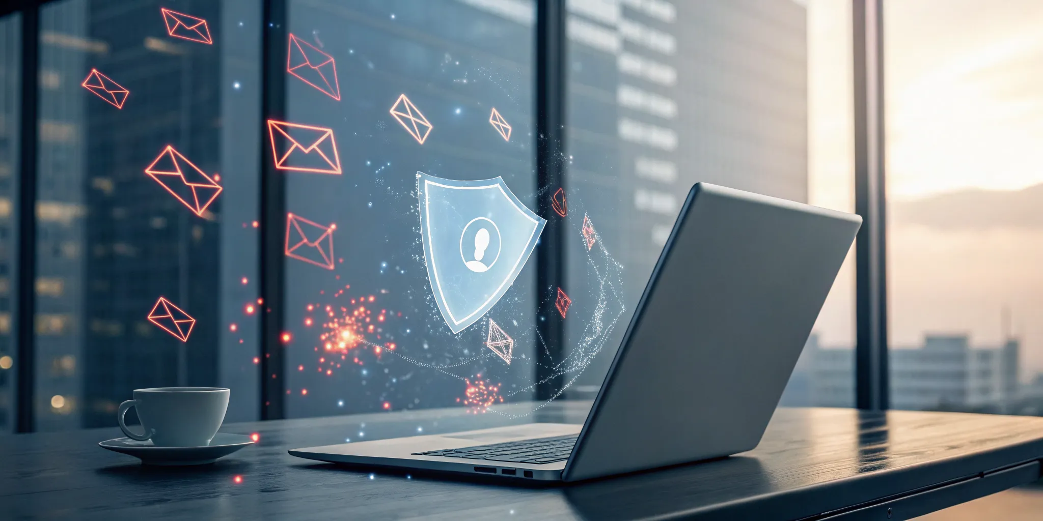 Managed email security services protecting email on a laptop with a digital shield icon.