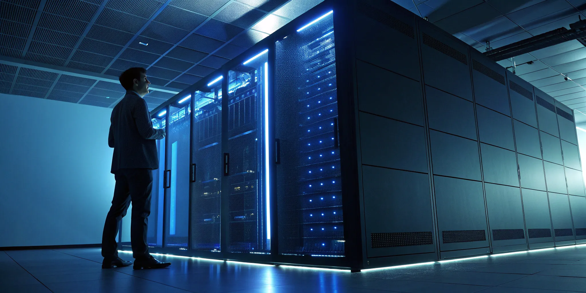 An AWS managed service provider technician monitors cloud infrastructure for security in a data center.