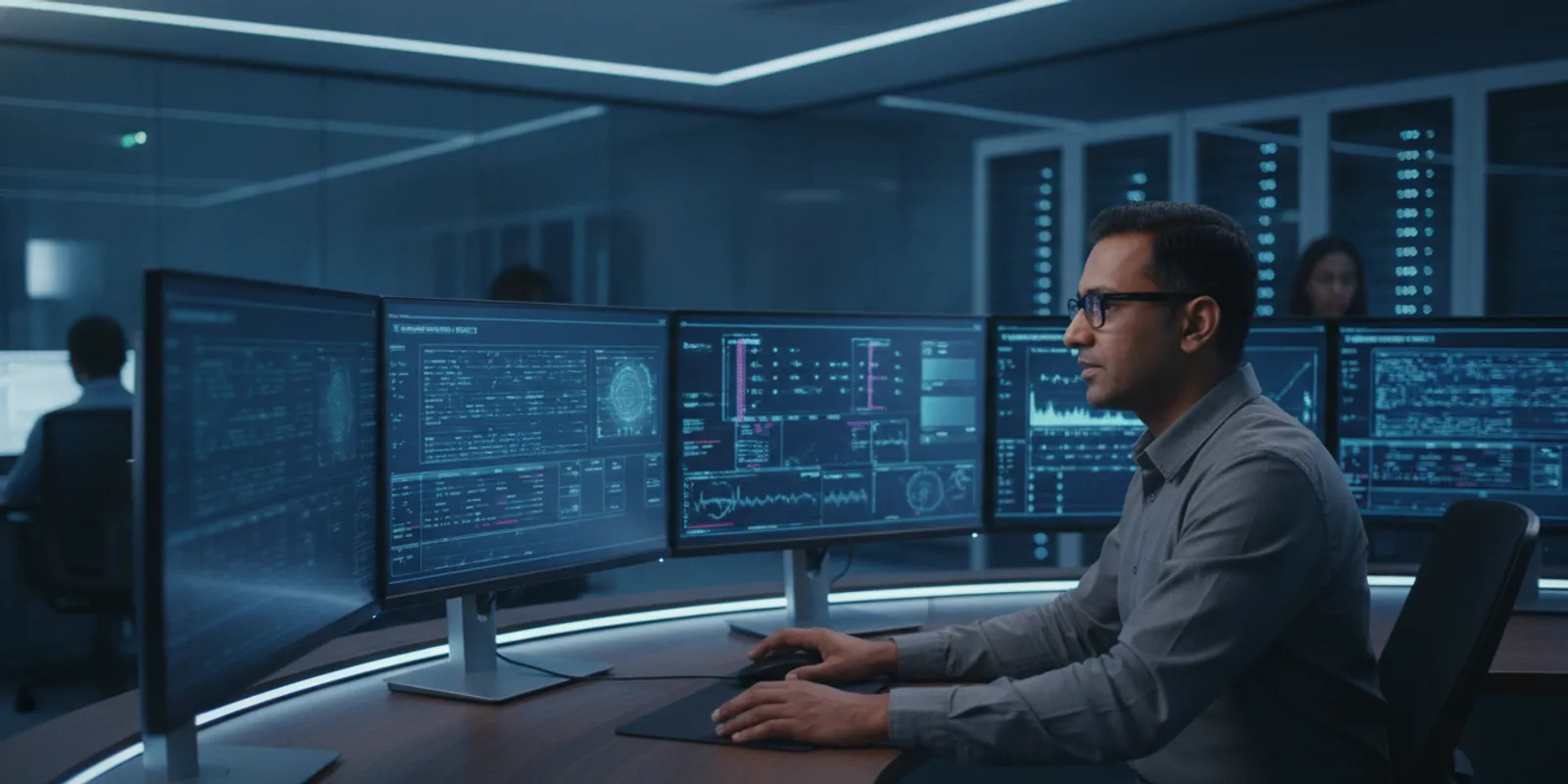 Security operations analyst reviewing correlated alerts and system telemetry on a workstation