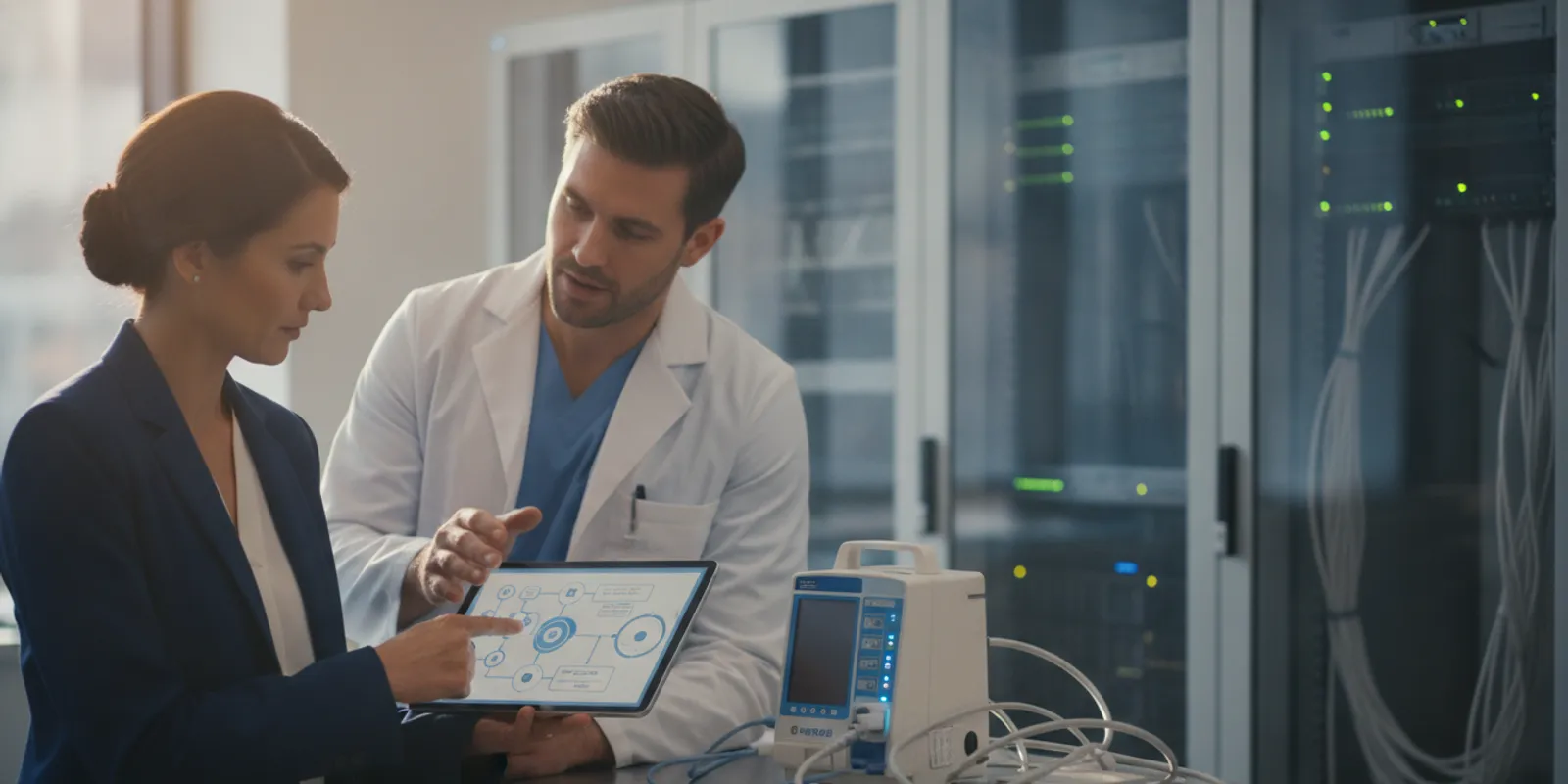 IT and biomedical engineering leaders reviewing a connected medical device inventory in a clinical technology environment