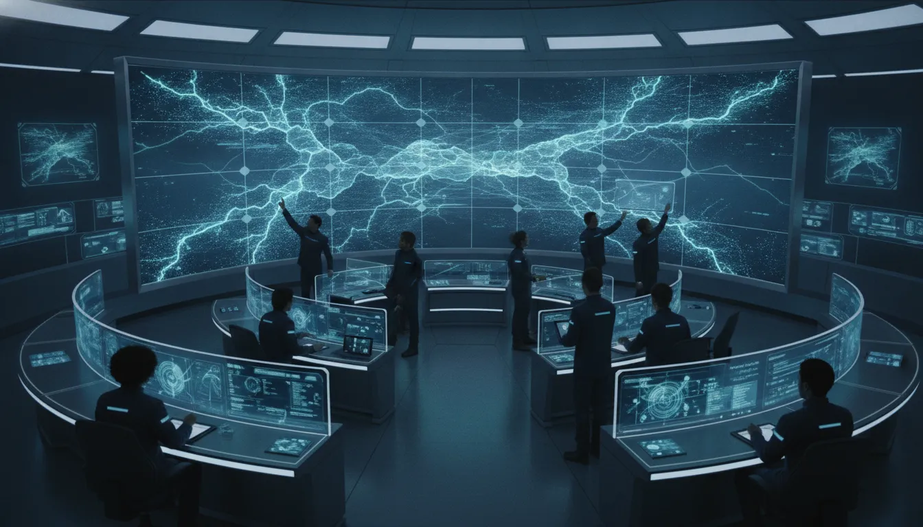Network operations center engineers monitoring wall-mounted dashboards
