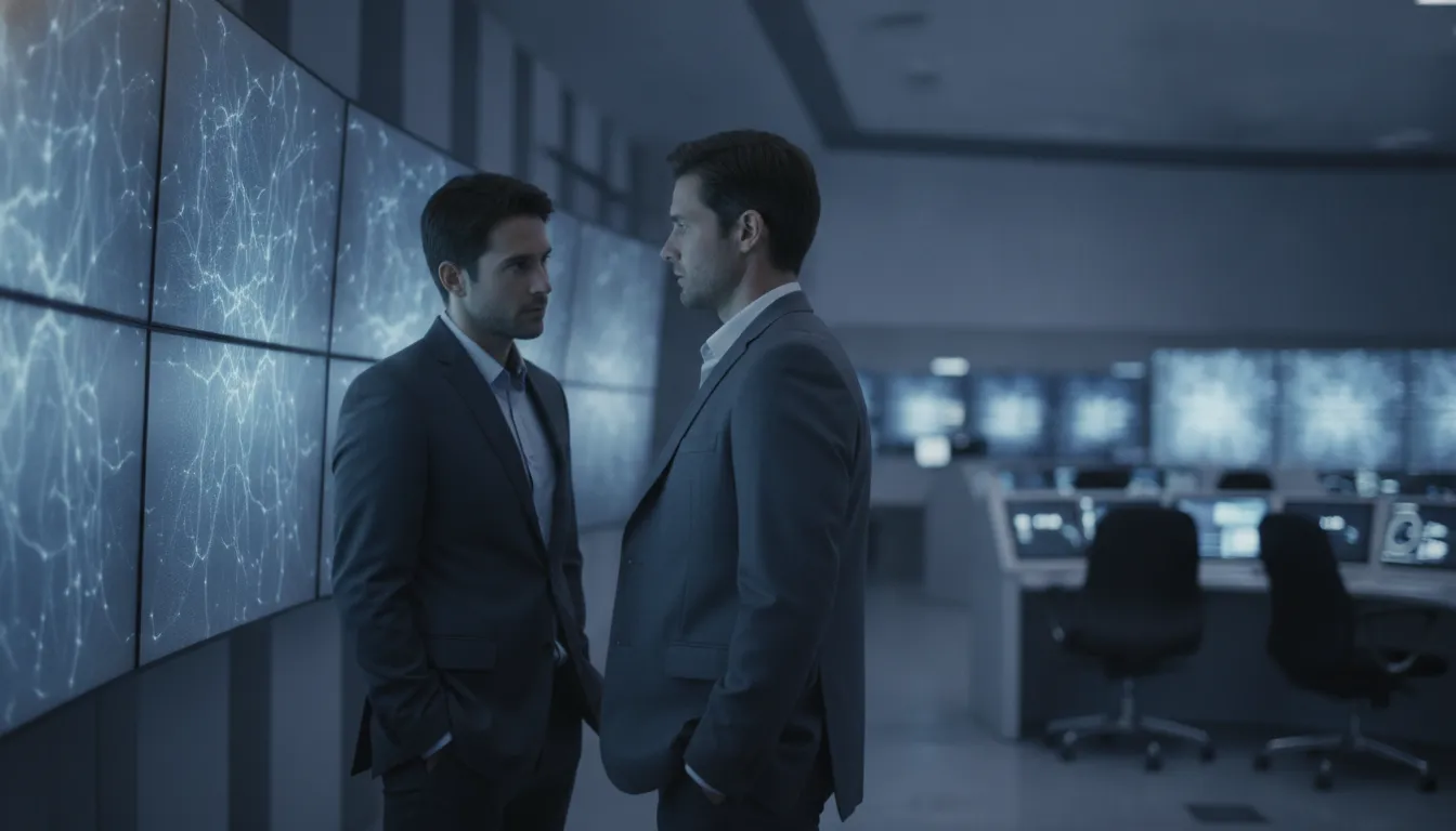 Two IT engineers reviewing service performance in a network operations center