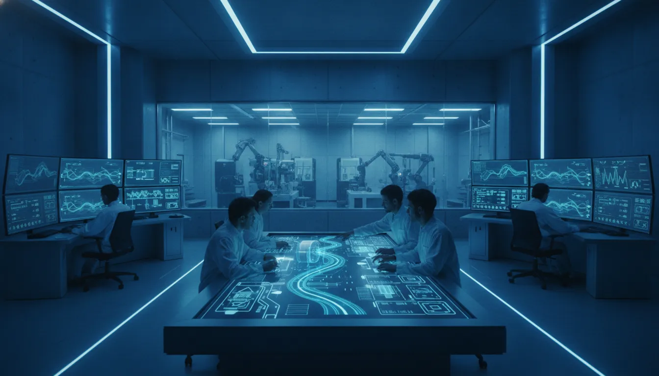 Industrial control system monitoring center with engineers reviewing dashboards for OT security manufacturing