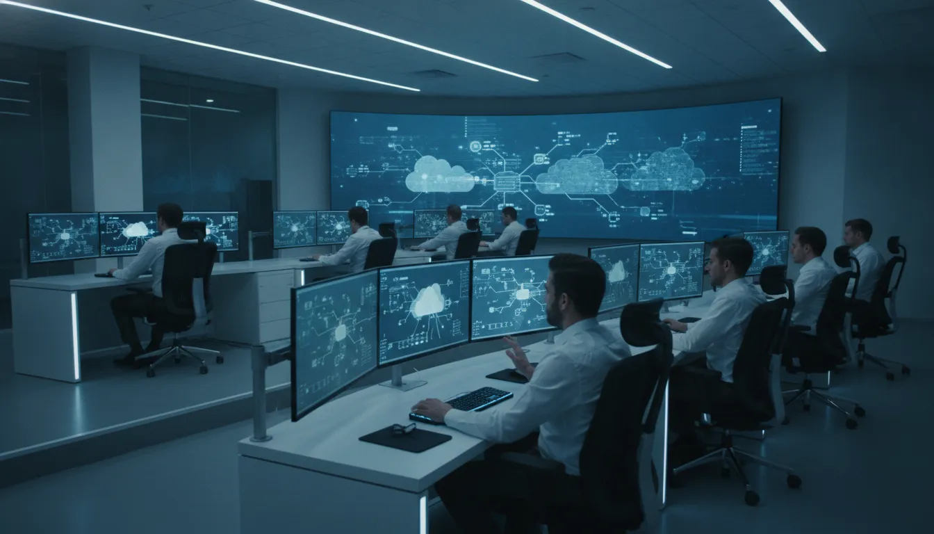 IT engineers monitoring secure Microsoft Azure cloud infrastructure in a modern command center
