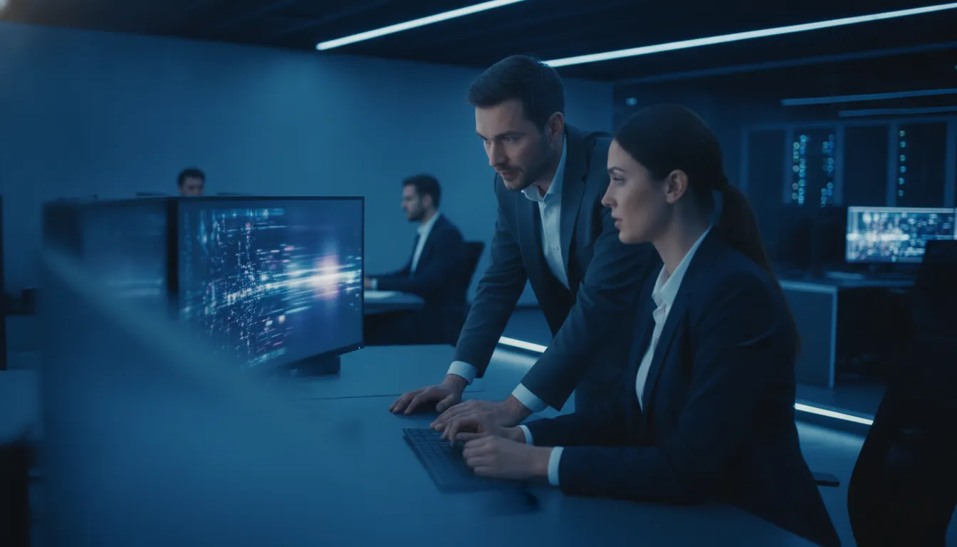 Cybersecurity engineers collaborating in a modern security operations center under blue ambient lighting