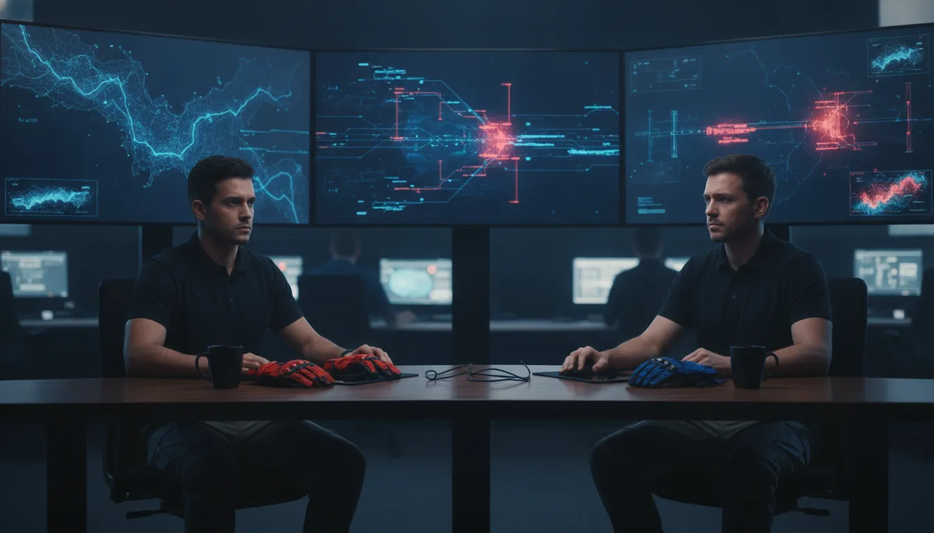 Two security engineers monitoring a real-world adversary simulation on large wall displays in a modern SOC