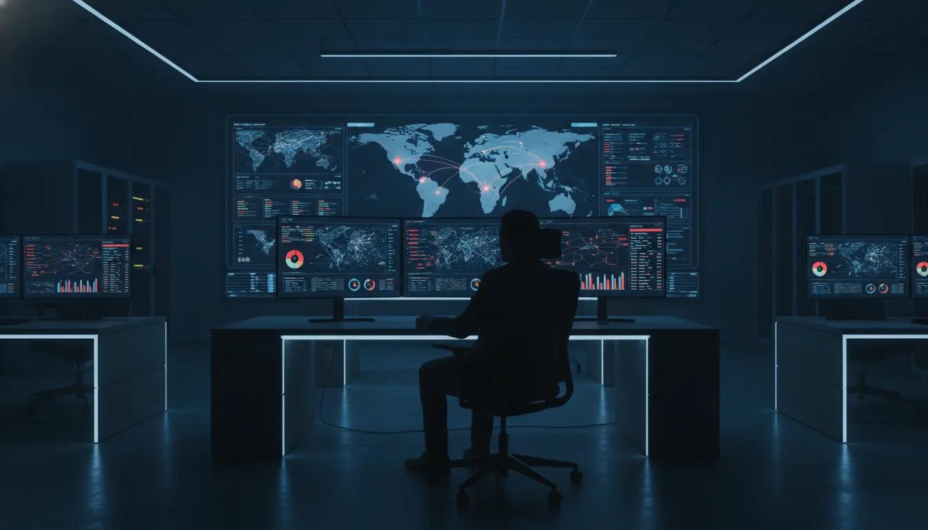 Cybersecurity SOC analyst monitoring privileged access control dashboards and security alerts on multiple screens