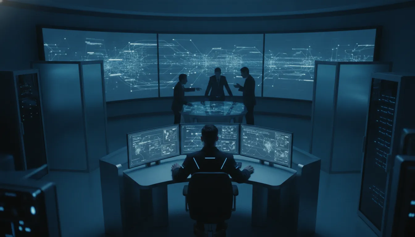 Security operations center analysts performing proactive threat monitoring across wall displays