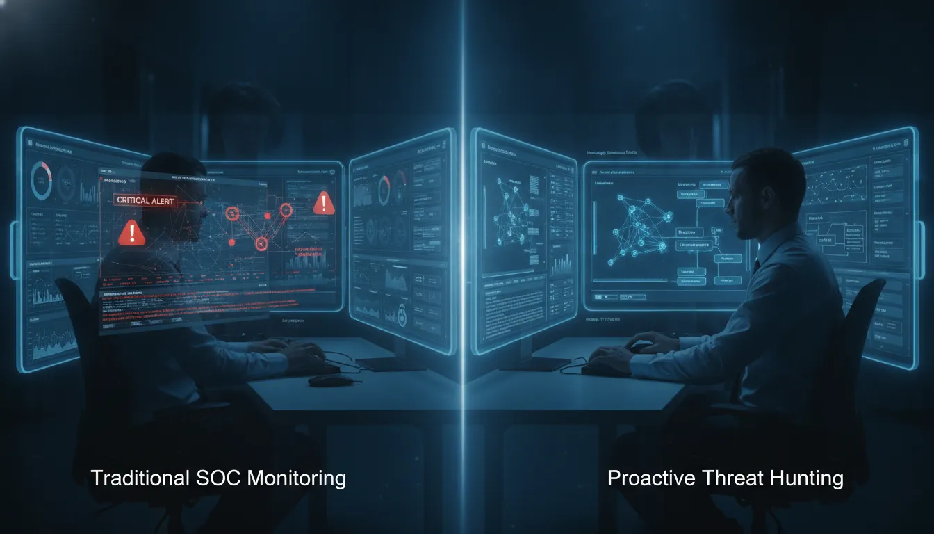Cybersecurity operations center with a threat hunting analyst investigating network telemetry and MITRE ATTACK framework visualization