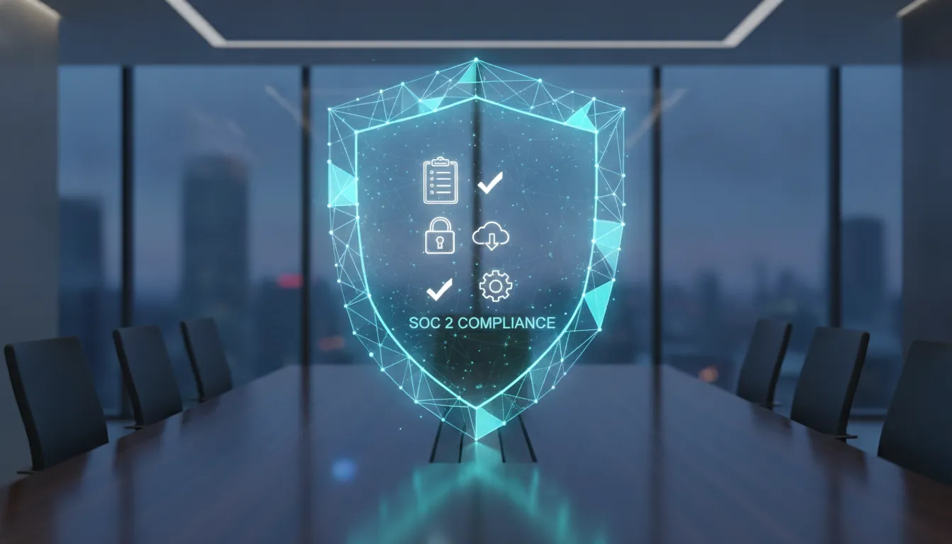 SOC 2 compliance and cybersecurity concept with data security shield and checklist icons