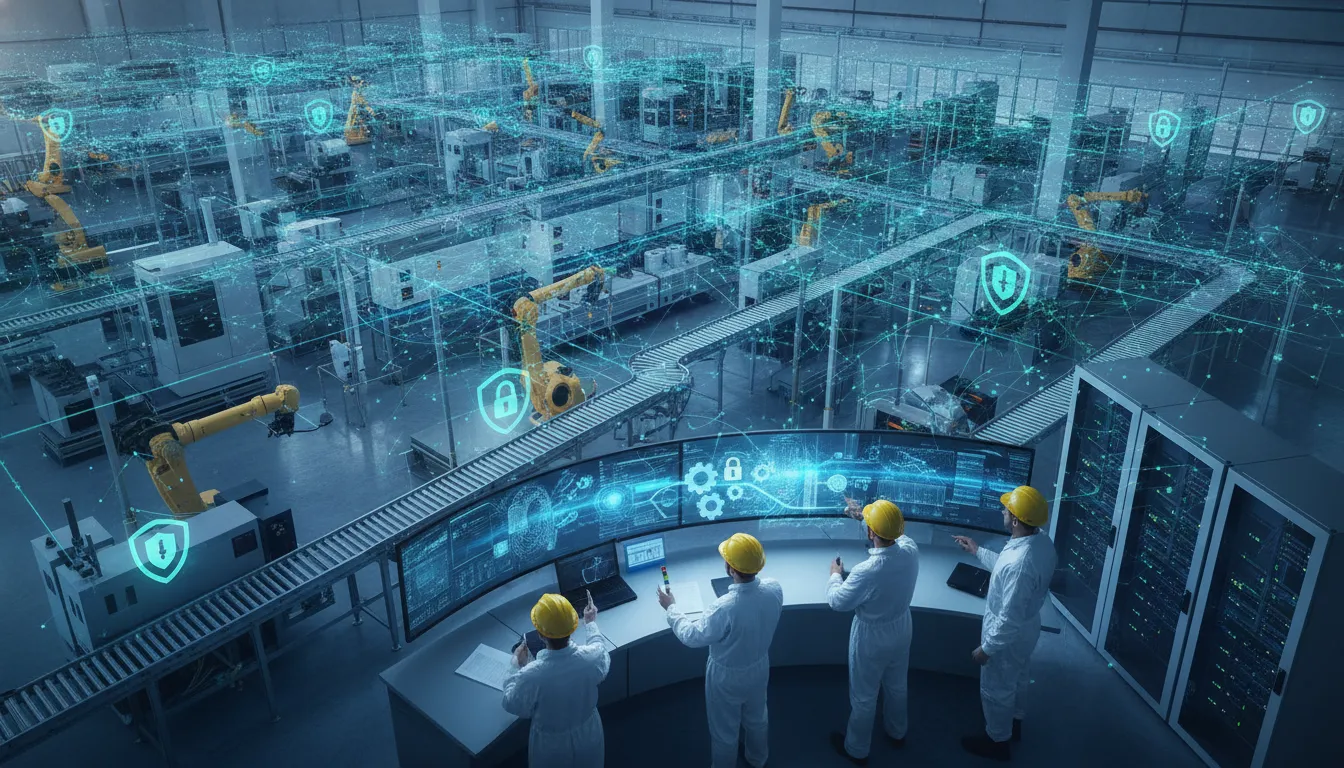 Manufacturing facility with digital security network overlay, engineers monitoring operations