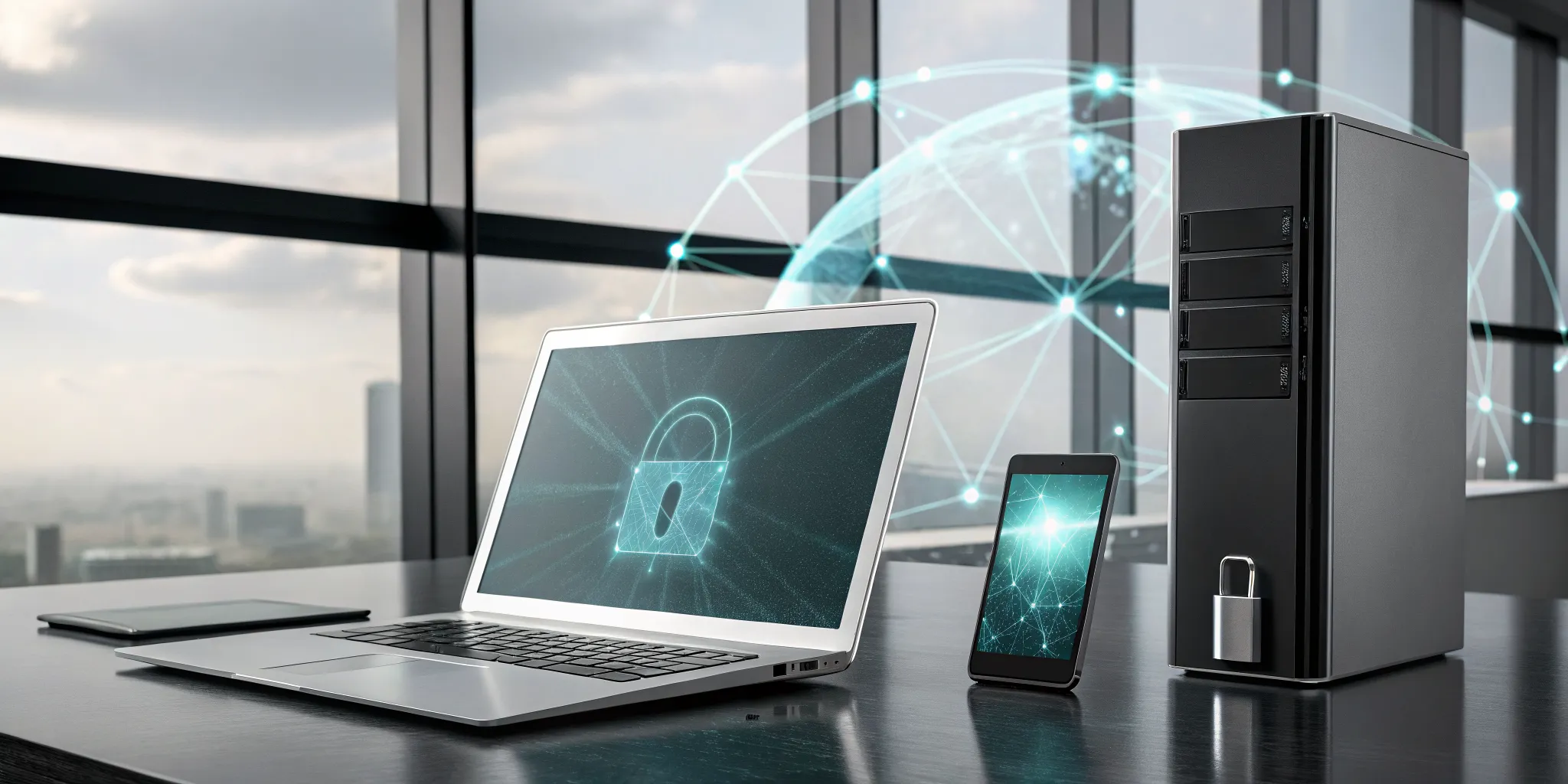 A laptop, smartphone, and server secured by endpoint security for all supported platforms.