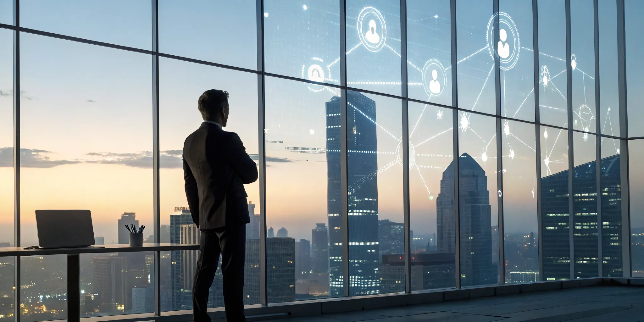 IT leader reviewing top 10 vulnerability management tools with digital network icons in the background.