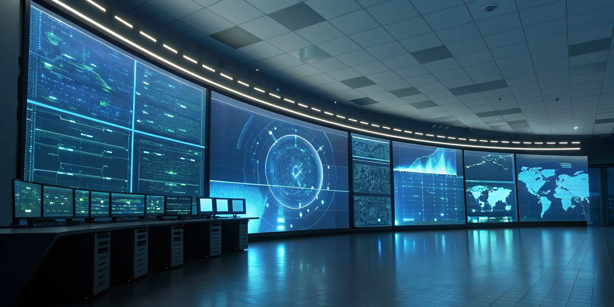A network operations center providing the benefits of 24/7 monitoring on multiple real-time data dashboards.