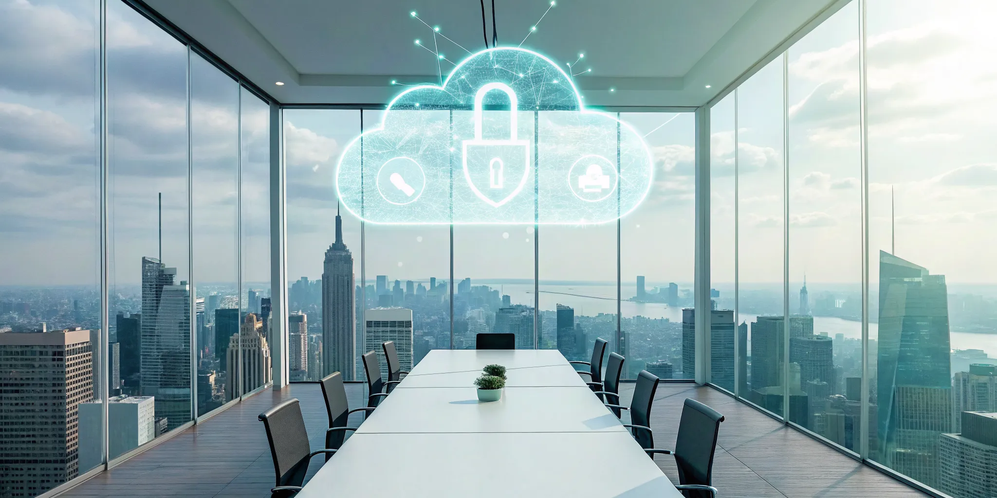 The advantages of community cloud, with a secure cloud icon over a modern conference room.