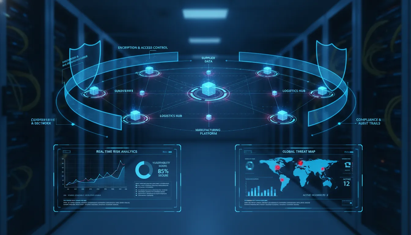 Digital supply chain security framework with interconnected data nodes and shield layers