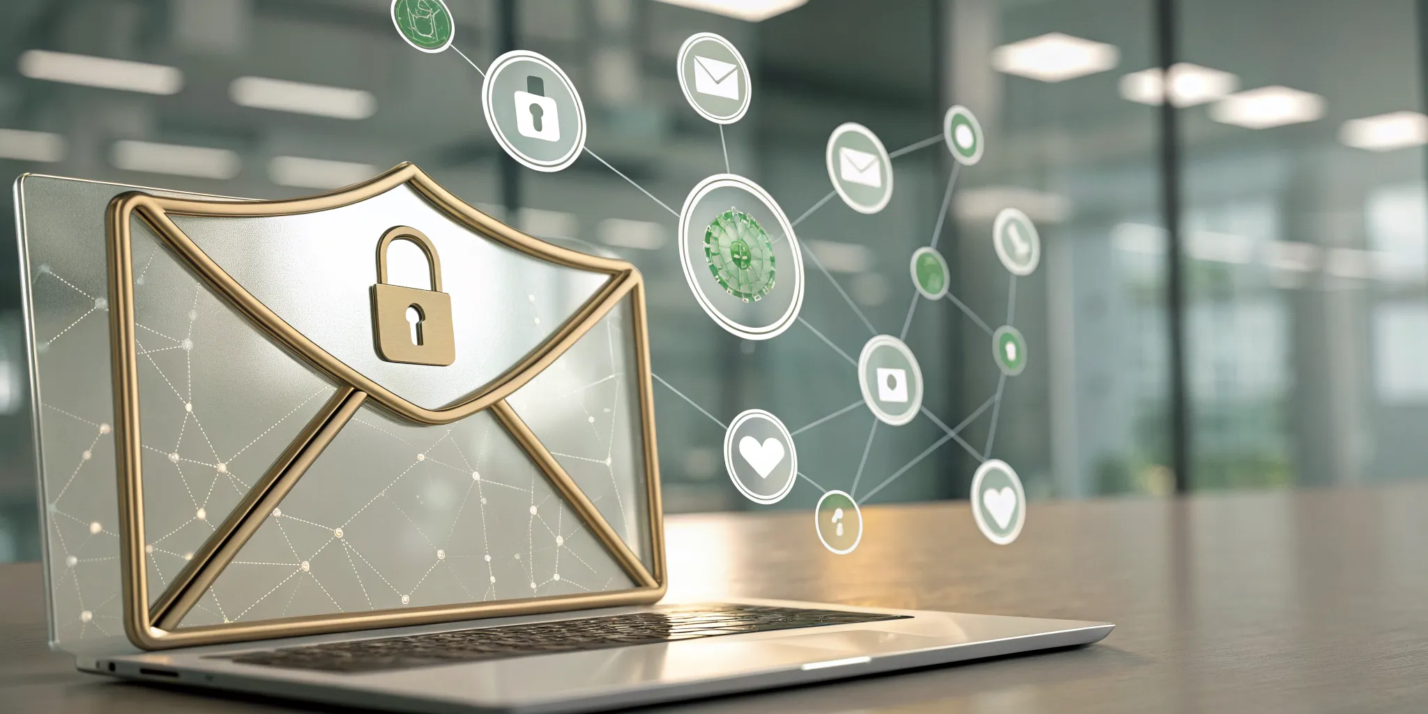 A list of email security tools shown as icons protecting a locked email on a laptop.