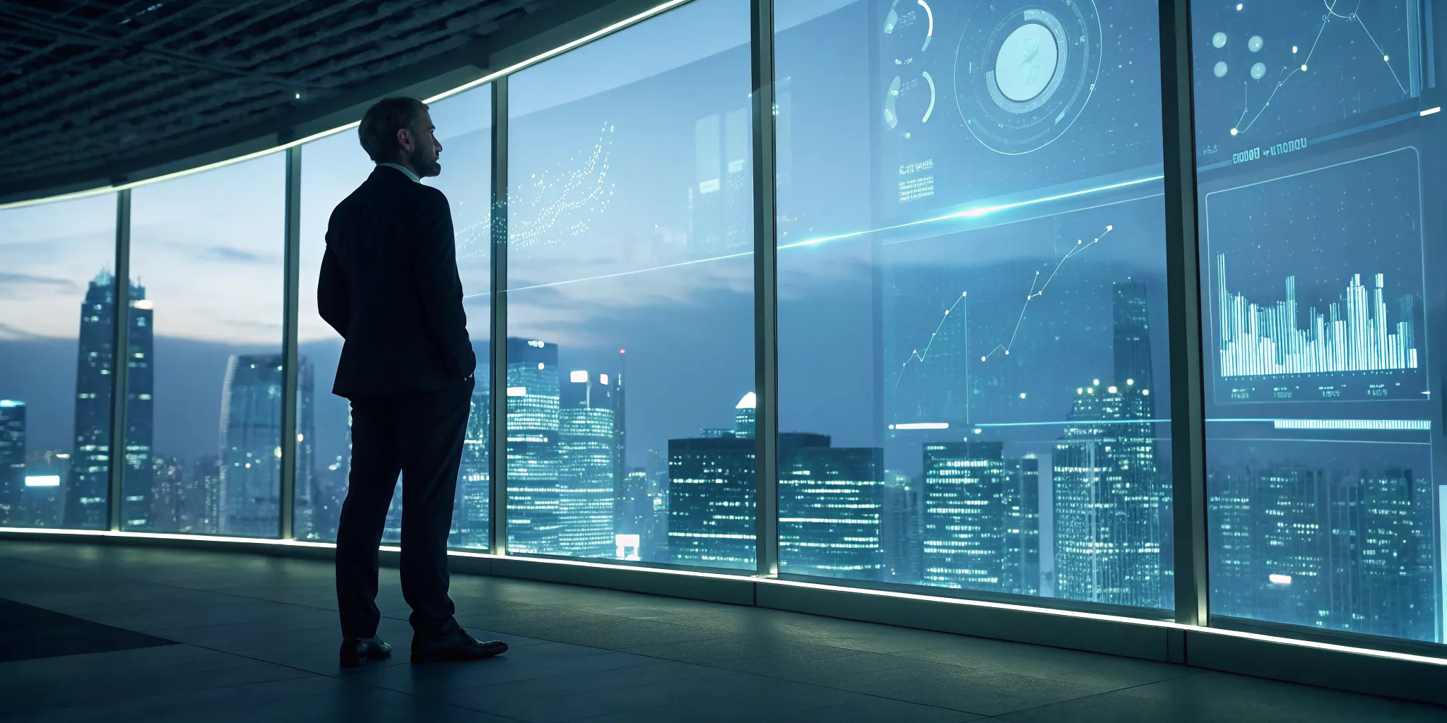A CISO compares the top 10 MDR solutions on a digital interface overlooking a city.