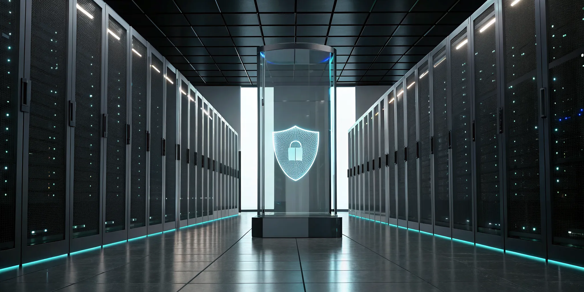 Enterprise data recovery service provider's secure server room with a data protection shield.