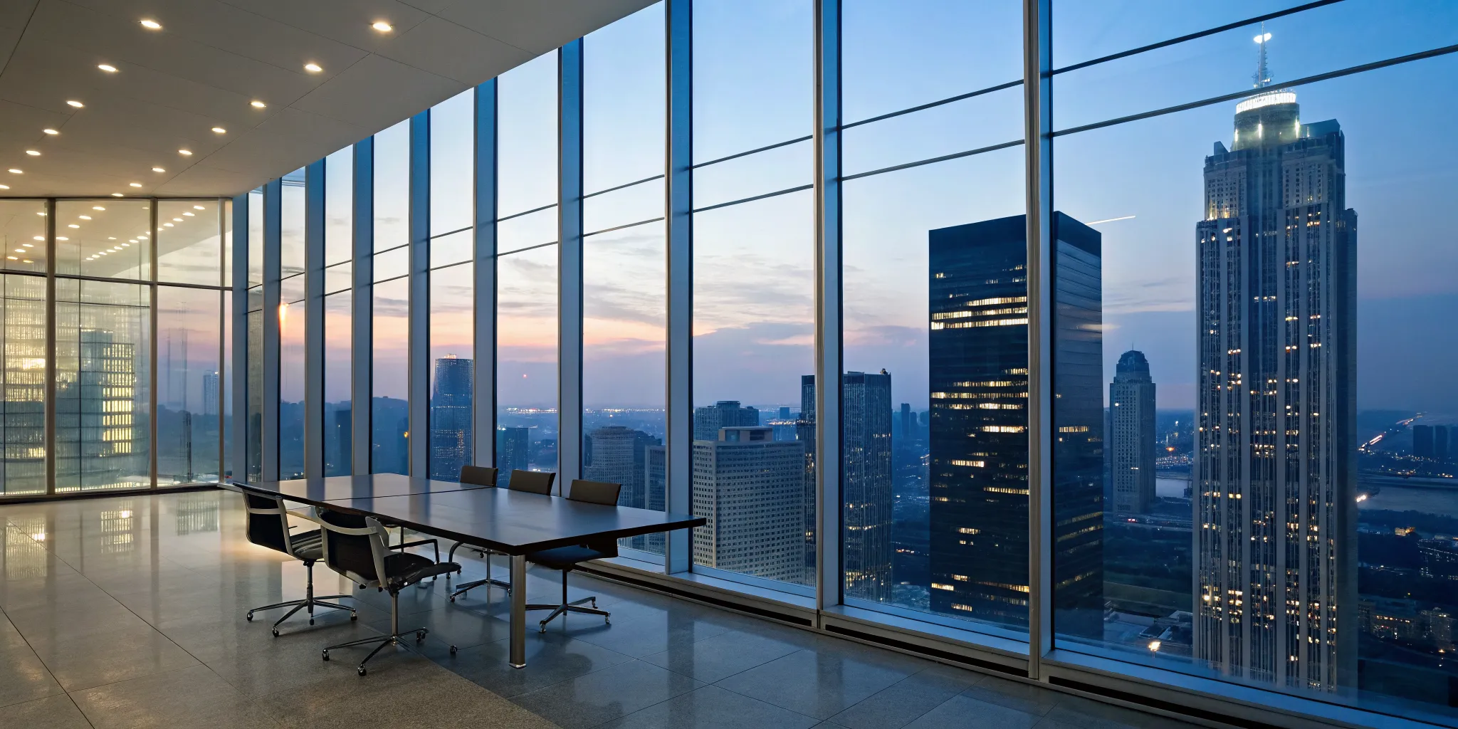A strategic meeting to compare top cloud management vendors in an office overlooking a city.