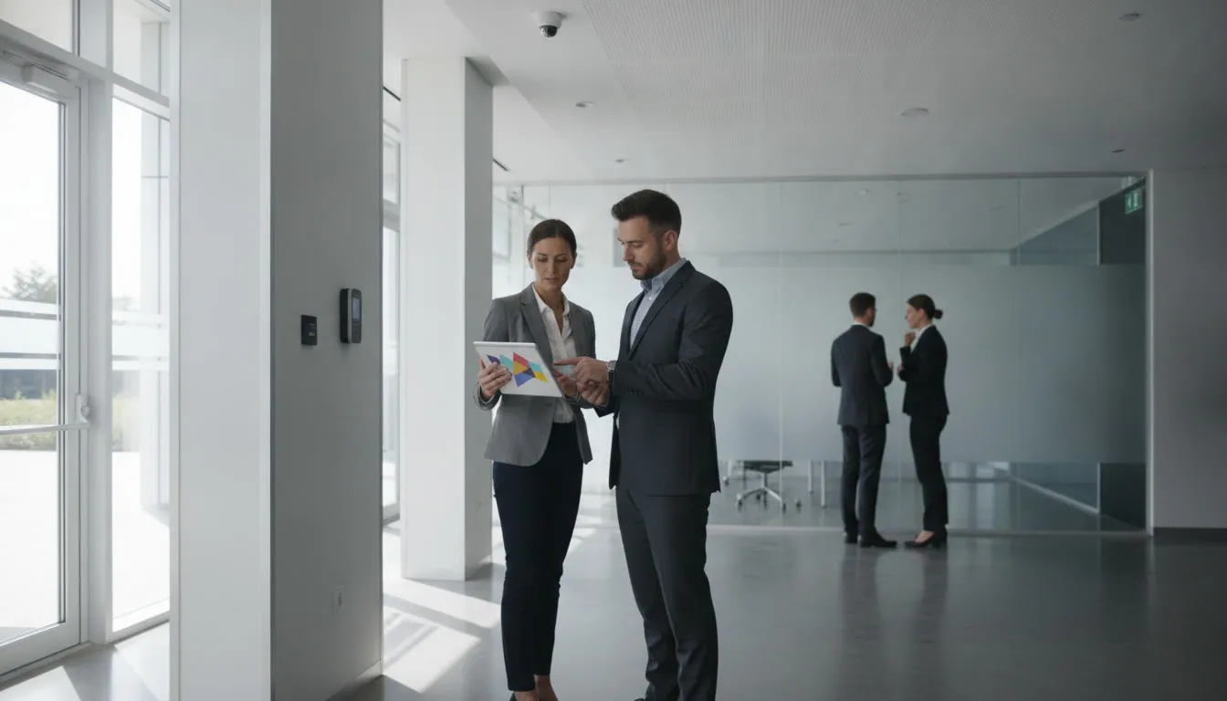 Security and facilities leaders reviewing a visitor management system at a regulated office entrance