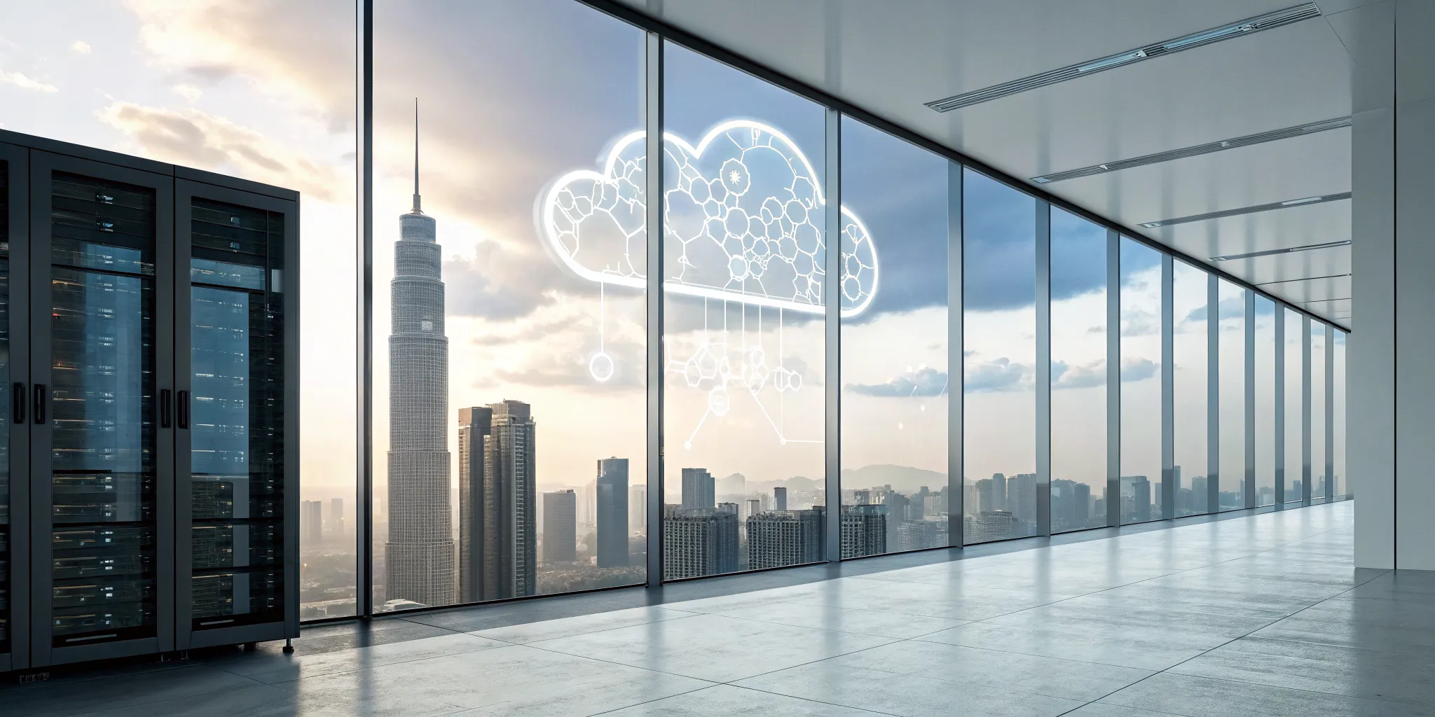 Hybrid cloud consulting services connecting on-premise server racks with a digital cloud.