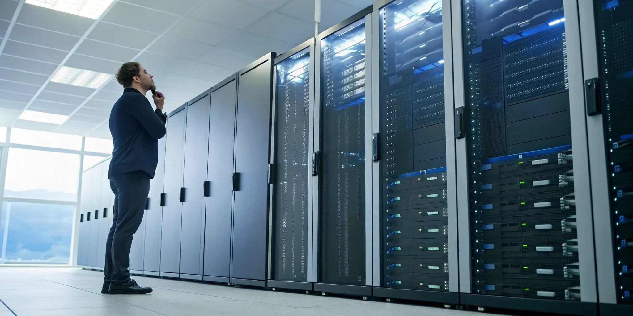 An IT expert from an Azure managed services provider managing servers in a data center.