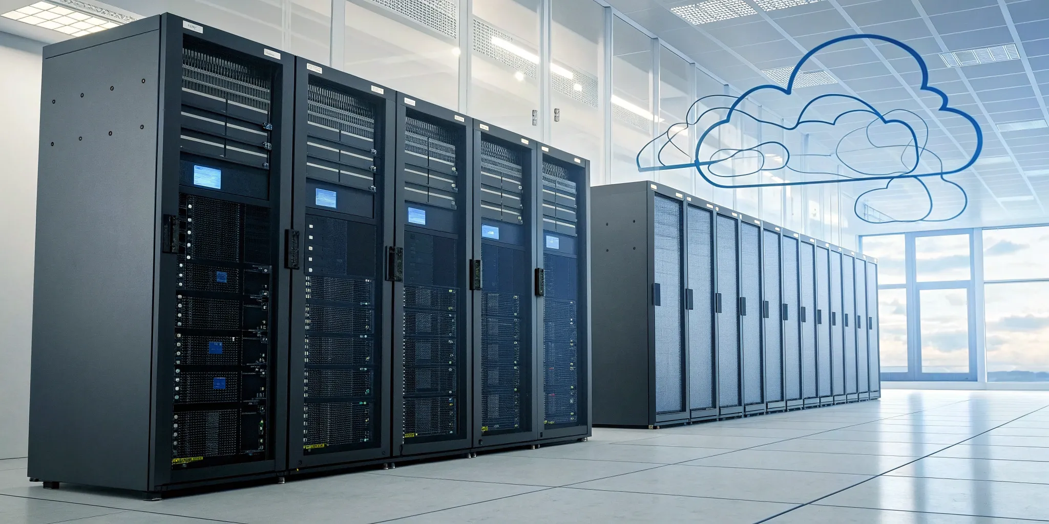 Hybrid cloud infrastructure connecting on-premises servers to public cloud services.