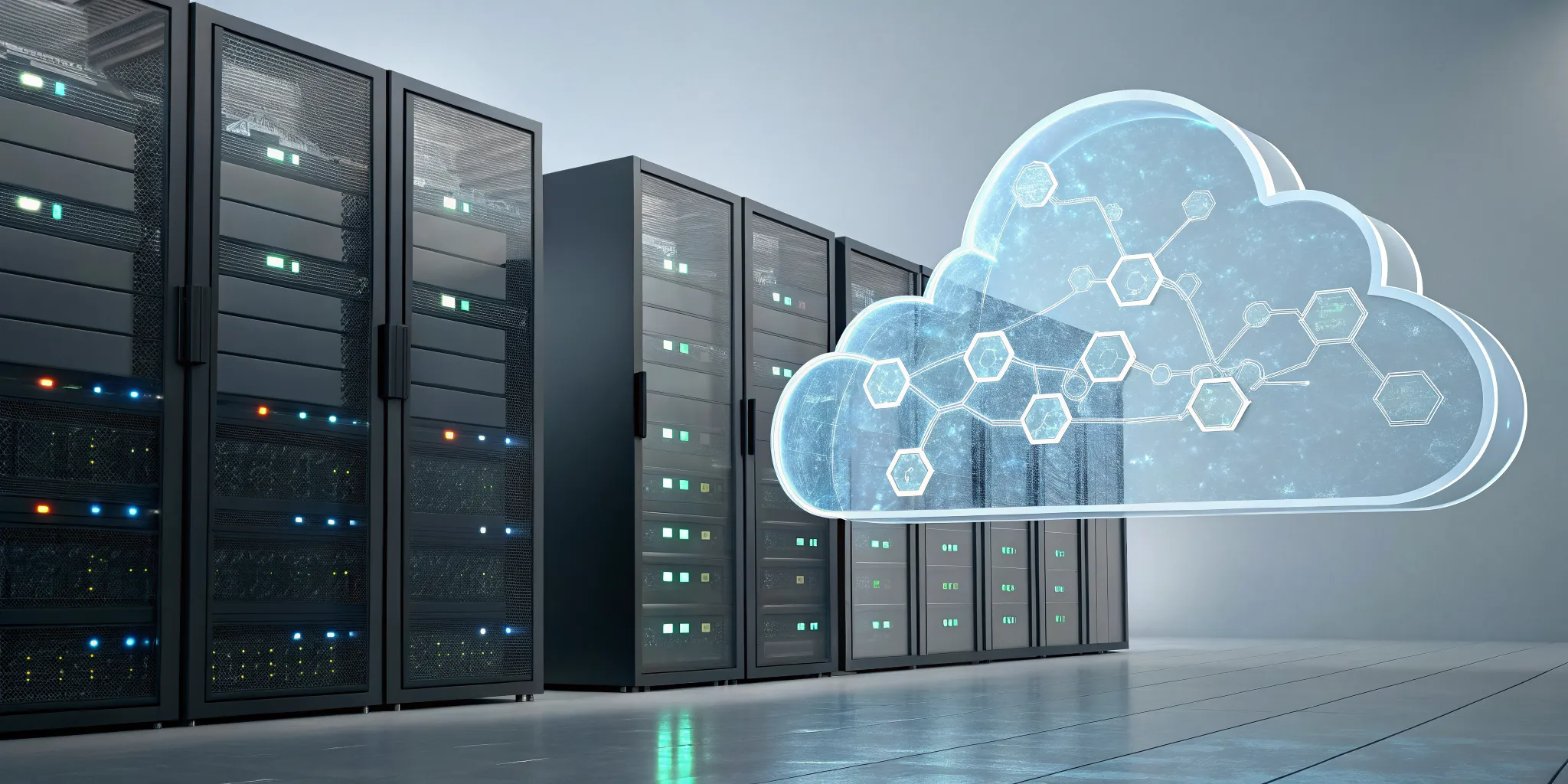 Hybrid cloud management tools linking physical data servers to a digital cloud network in a data center.
