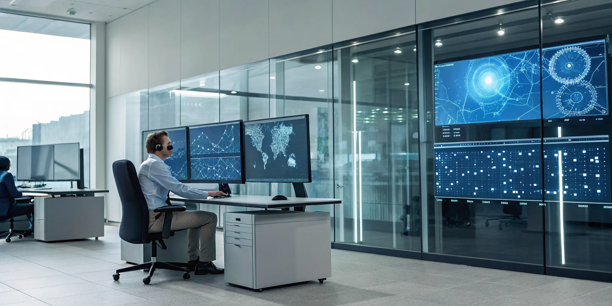 24/7 IT helpdesk monitoring pharmaceutical lab systems and data across multiple screens.
