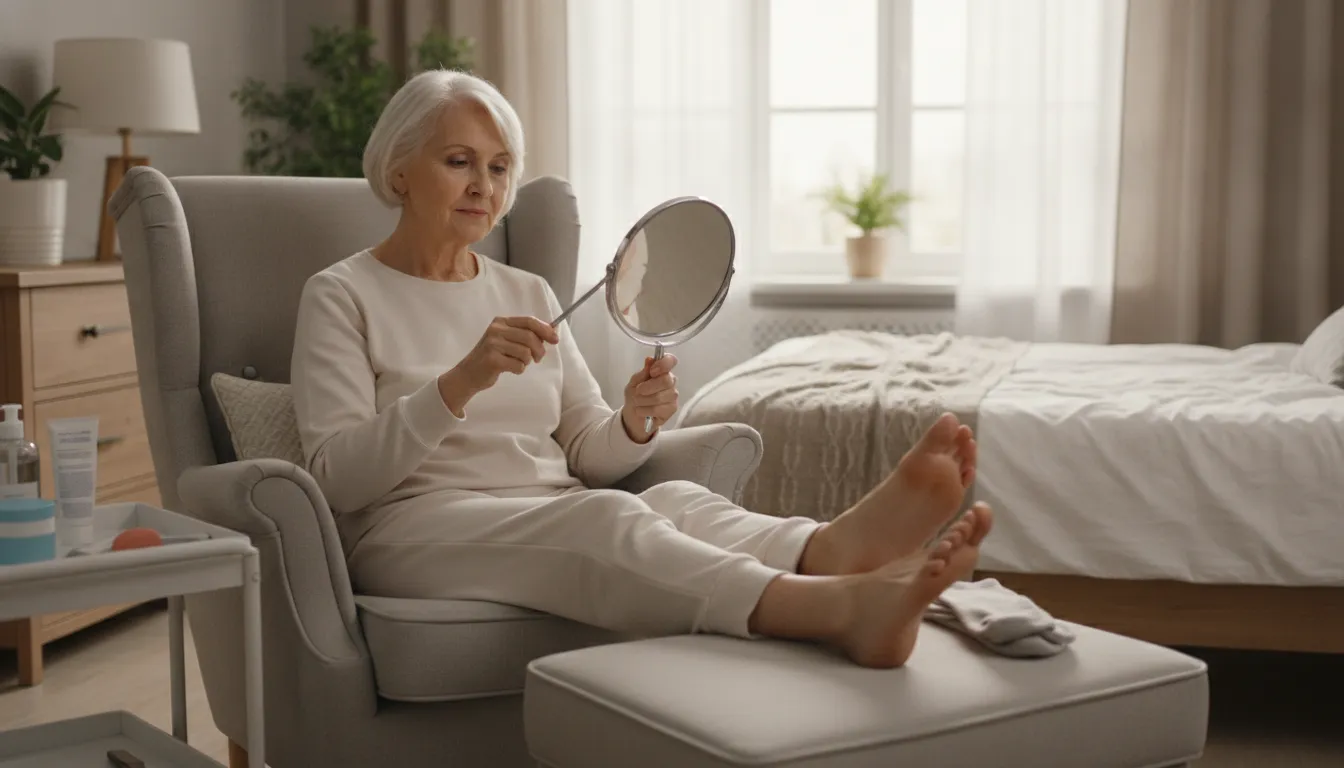Older adult using a mirror for daily foot inspection