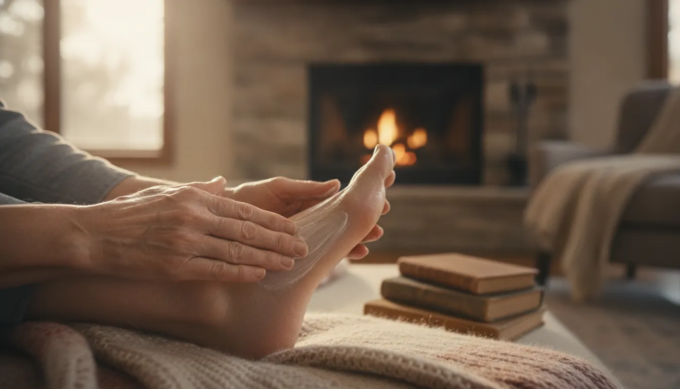 Older adult hands gently applying cream to their foot for soothing relief