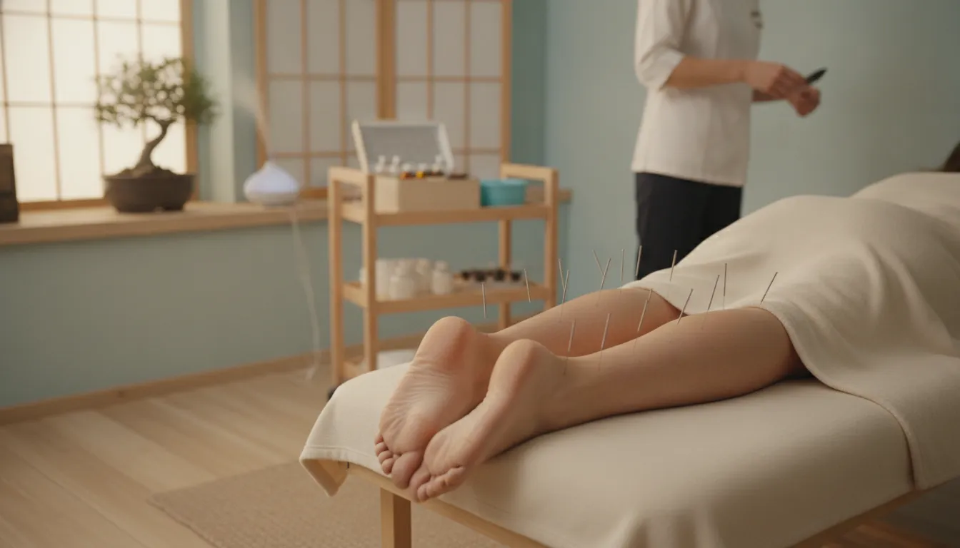 Peaceful acupuncture treatment session with thin needles on lower legs in a warm clinic setting