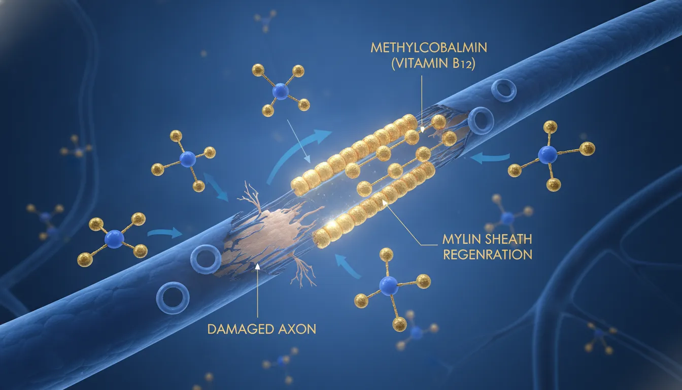 Medical diagram showing methylcobalamin vitamin B12 molecules supporting the myelin sheath around a nerve fiber
