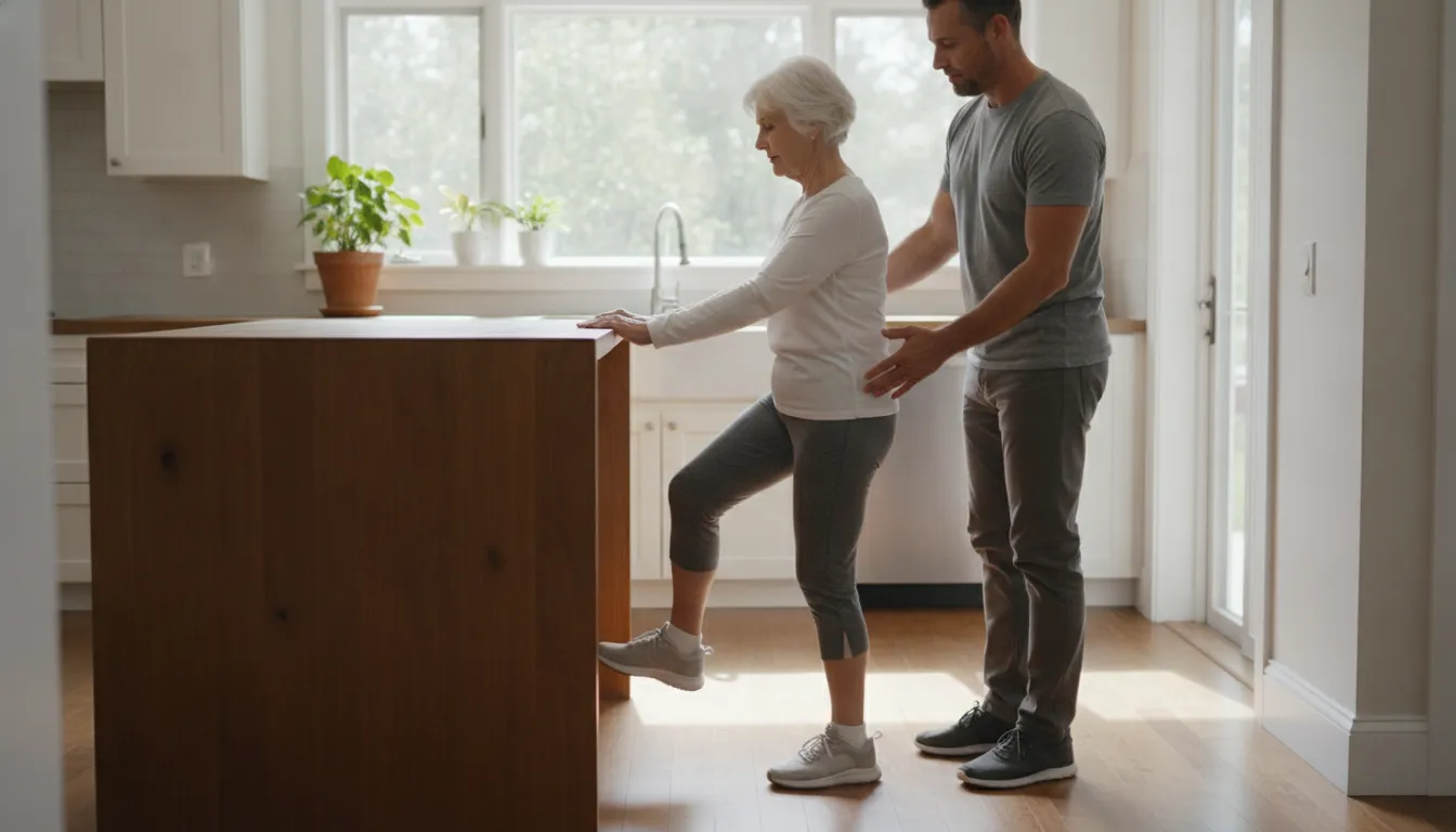 Older adult practicing supported side steps with a spotter nearby