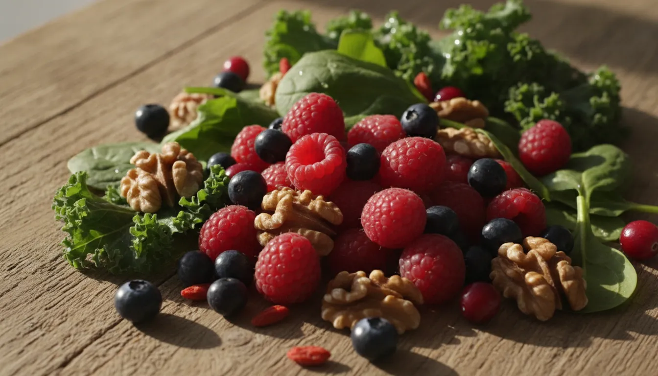 Fresh berries, walnuts, and leafy greens arranged on a rustic surface for nerve health