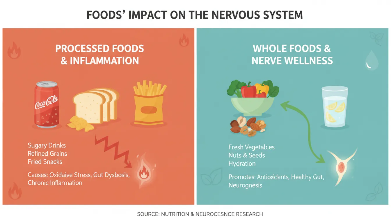 Comparison of inflammatory processed foods versus nerve-healthy whole foods including fresh vegetables, nuts, and lean protein