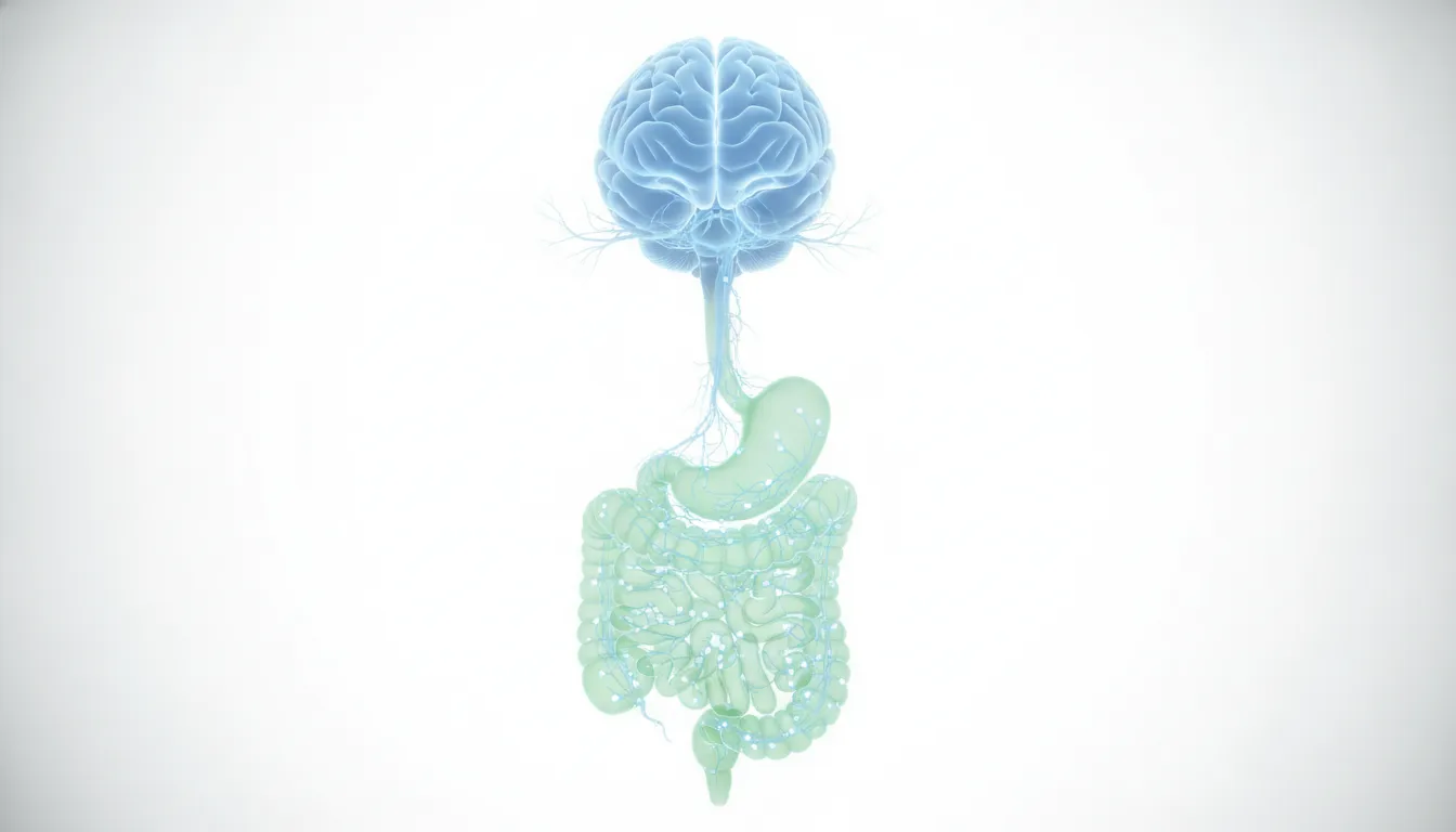 Anatomical diagram of the gut-brain axis showing the vagus nerve pathway connecting the digestive system and brain