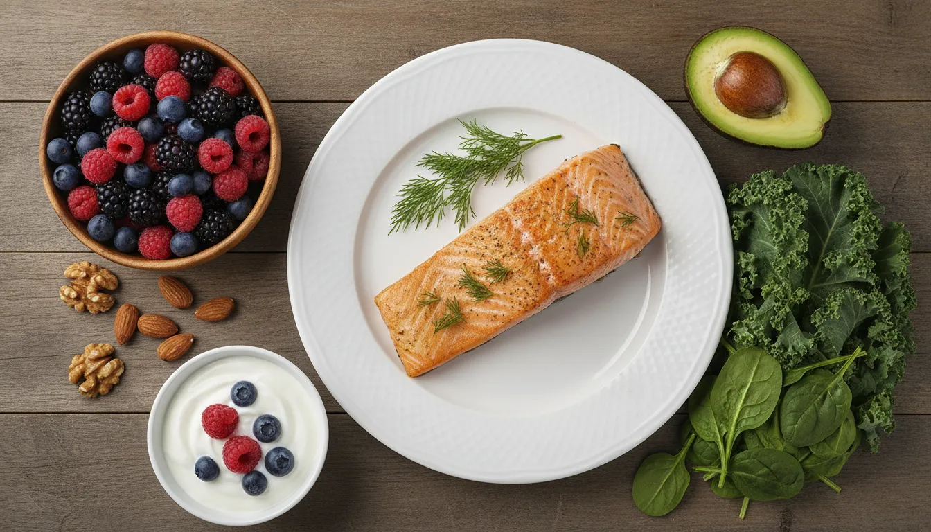 Flat lay of gut-healthy and nerve-supportive foods including leafy greens, berries, nuts, salmon, avocado, and yogurt