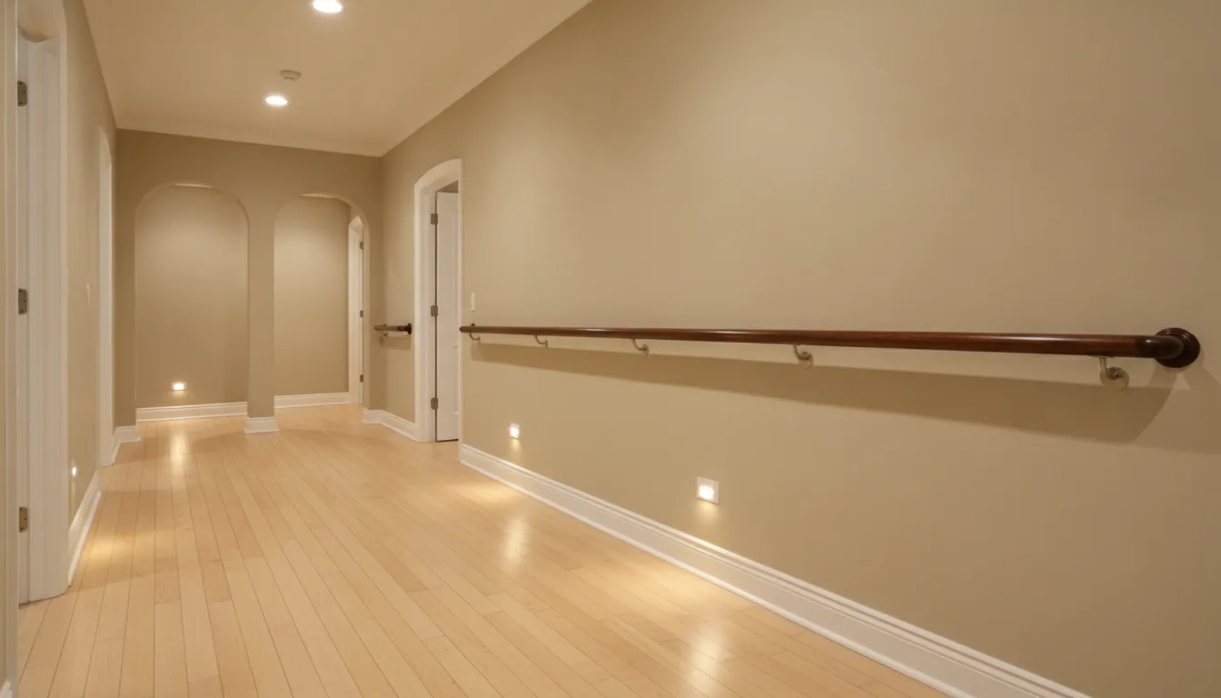 Clear well-lit hallway with a secure handrail for safer movement at home