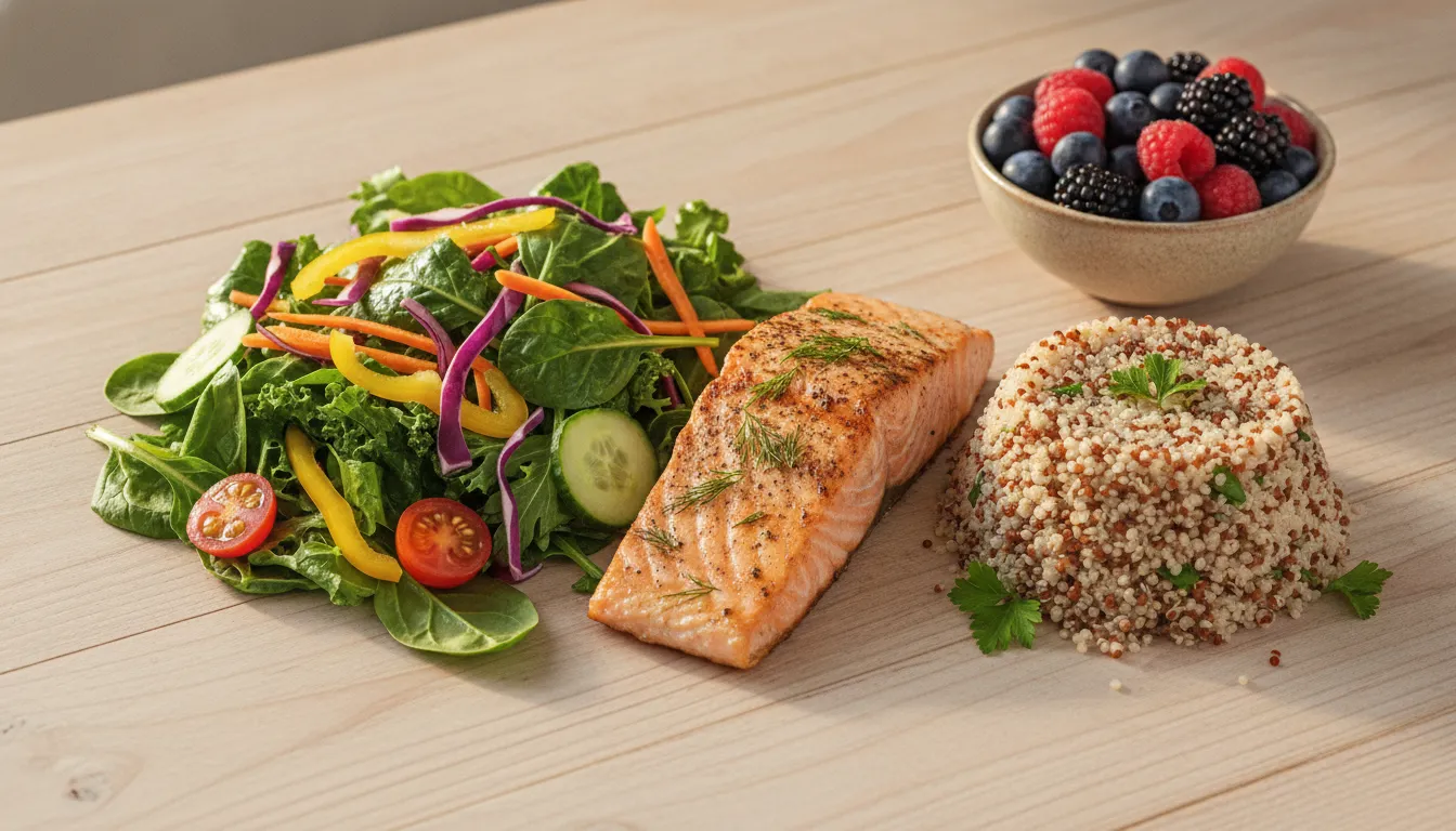Anti-inflammatory meal with grilled salmon, leafy green salad, quinoa, and fresh berries on a wooden table