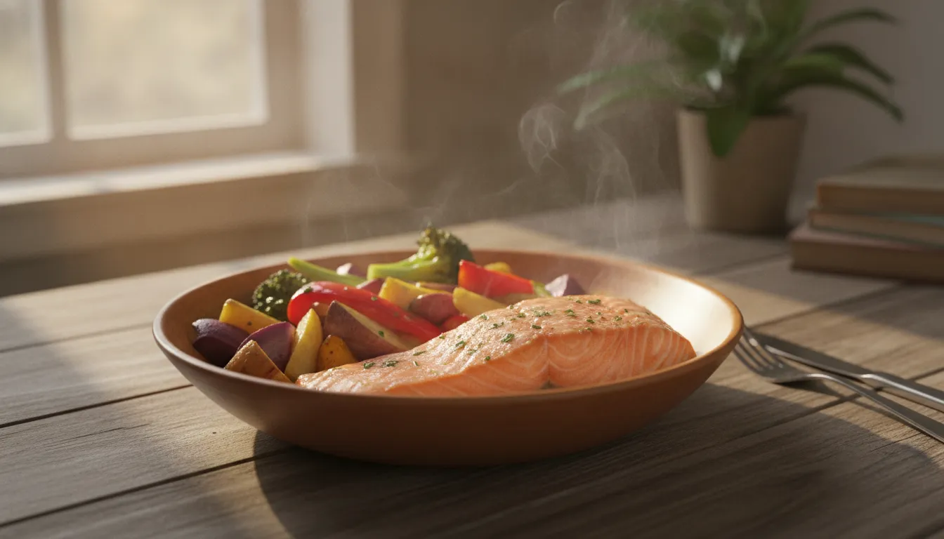 A steaming bowl of salmon and roasted vegetables on a wooden table for nerve health