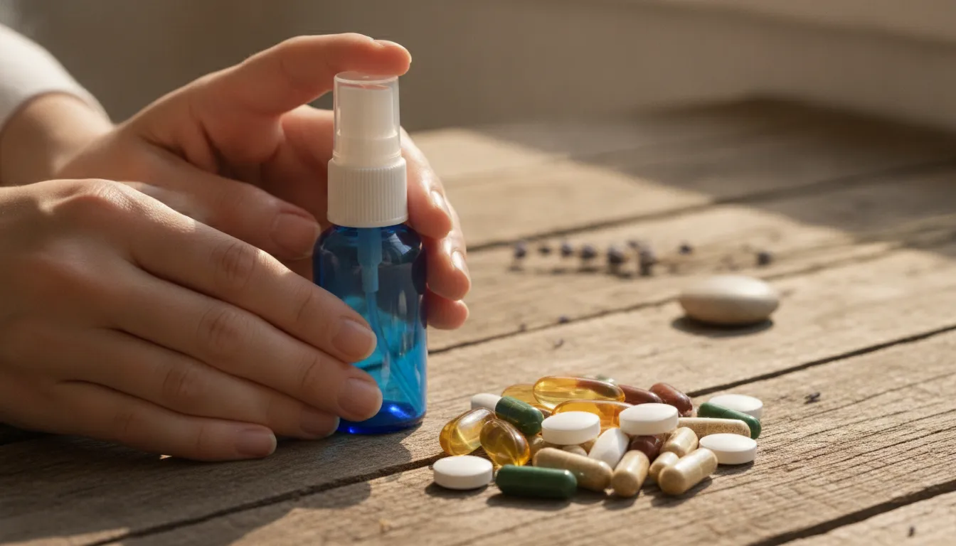 Daily nerve support supplement capsules and oral spray bottle on a wooden surface