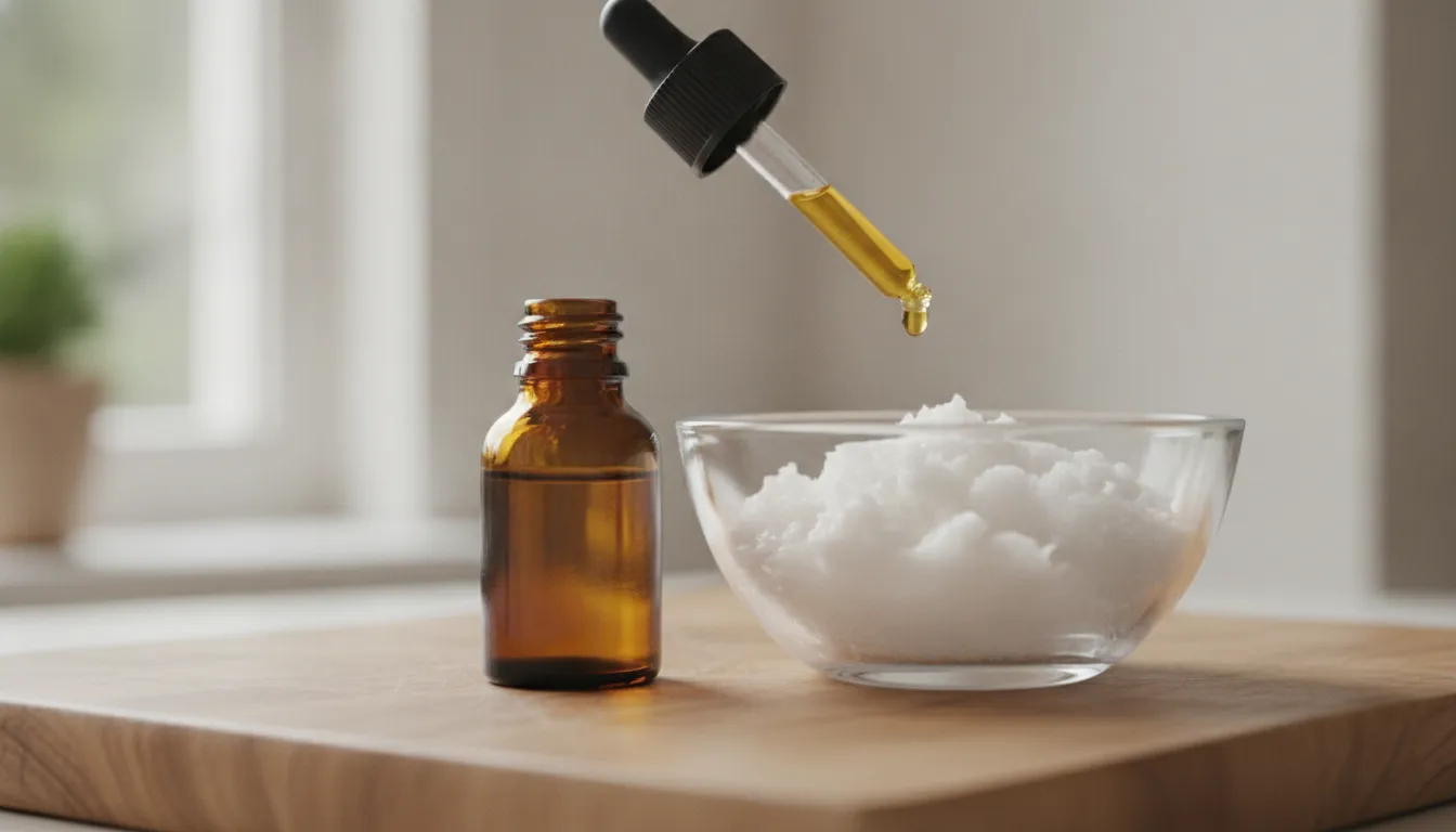 Amber glass essential oil bottle beside a clear bowl of carrier oil on a wooden surface