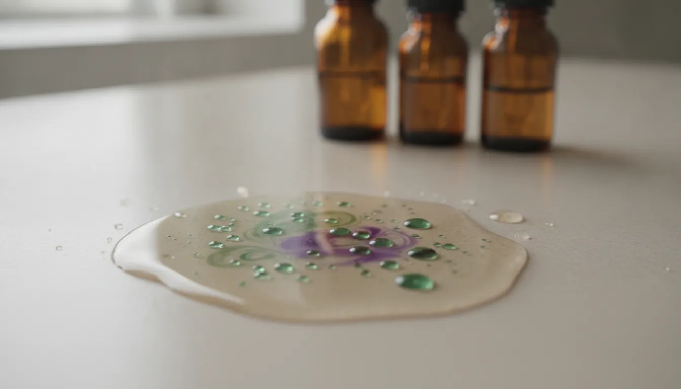 Peppermint and lavender essential oil droplets mixing into clear carrier oil with amber bottles in background